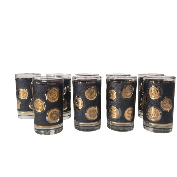 Vintage Libbey black textured 22-karat gold coin glasses MCM 1960s barware (9) - Picture 1 of 16